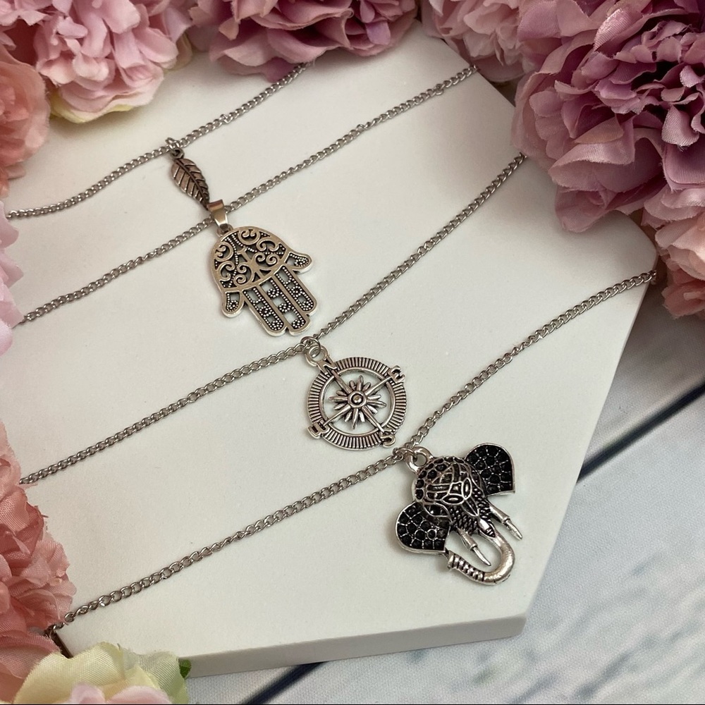 Boho Silver Leaf Hamsa Compass Elephant Necklace - Picture 8 of 15